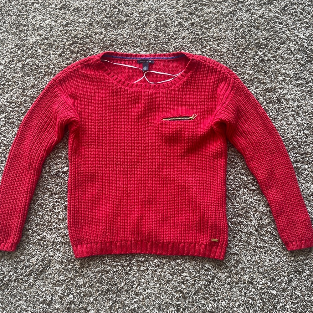 Tommy Hilfiger Women’s Sweater Knit Red Zipper Pocket Metal Gold Logo Size M